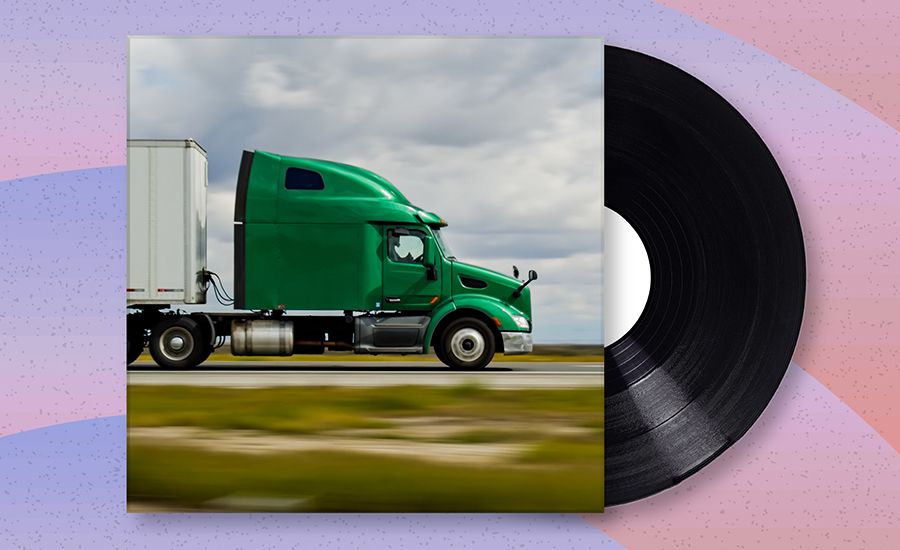 Exports album cover showing a green semi-truck traveling on the road, a cloudy sky in the background.