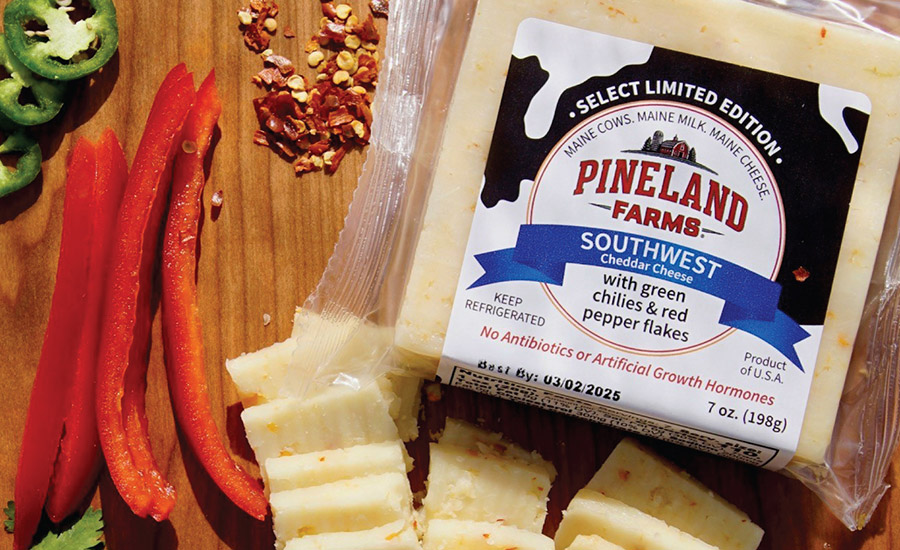 Spicy flavors are trending in cheese products. Pineland Farms in Bangor, Me., unveiled two new varietals: Southwest Cheddar and New Gloucester.