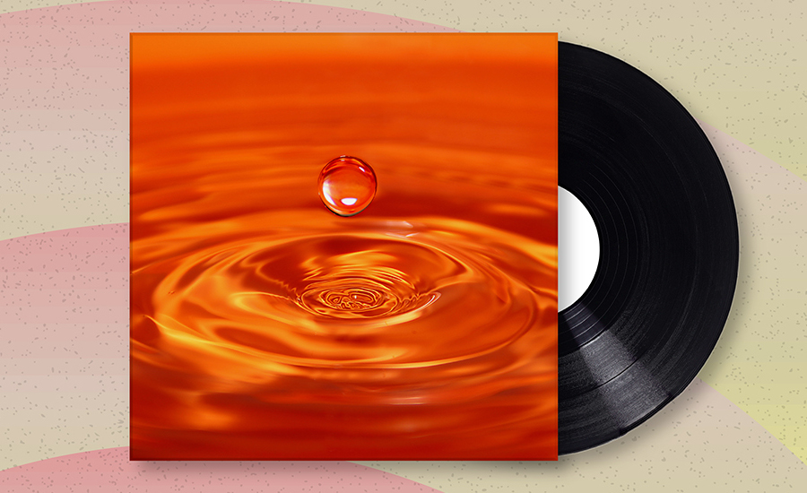 RTD album cover with water drop suspended over water with an orange hue, album halfway out and a gradient circular background pattern.